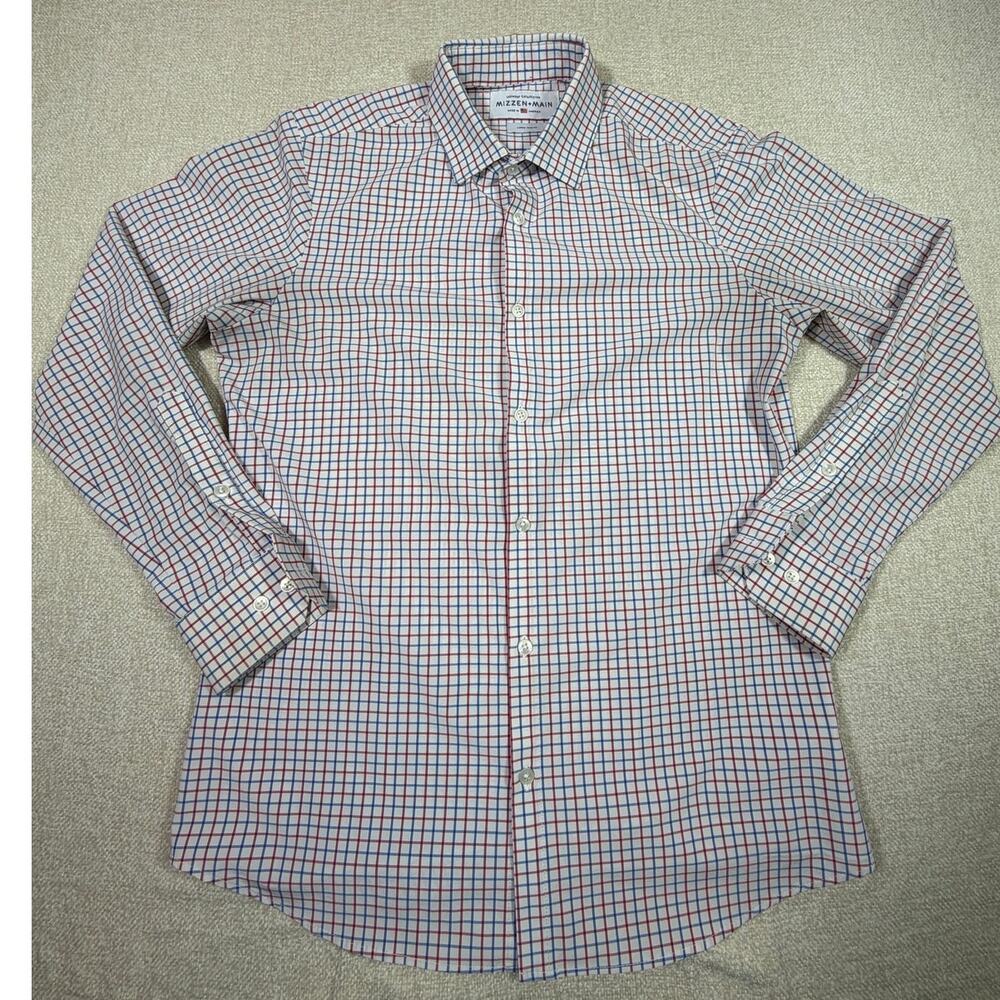 Mizzen+Main Men L Red White Blue Windowpane Long Sleeve Trim Fit Shirt Patriotic